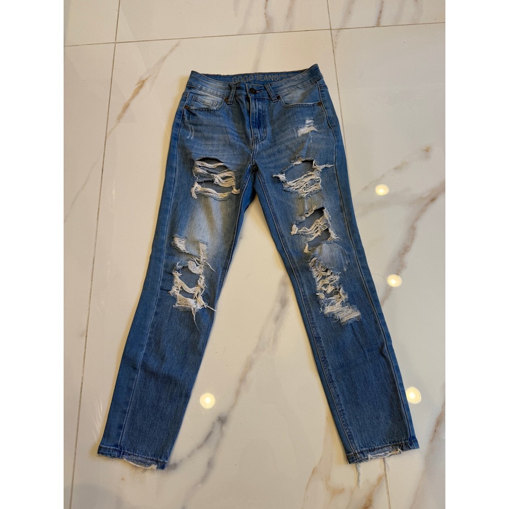 Gogo Jeans Womens High Rise Ankle Distressed Ripped Slim Denim Blue Size 7/28